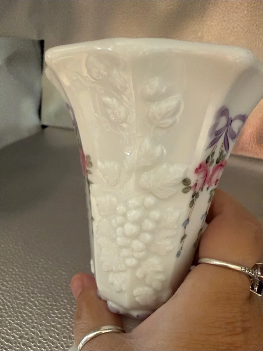 Vintage Westmoreland Flared Trumpet “ Roses and Bows” hand painted Vase